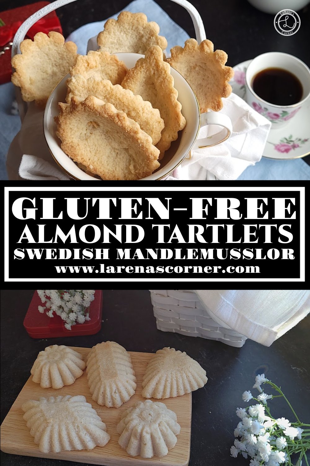 Gluten-Free Almond (Tartlets) Cookies. Top: A close up of cookies in a basket and coffee cup. A cup of coffee in the background. Bottom: Five Cookies on a small cutting board. Flowers in the background and foreground.