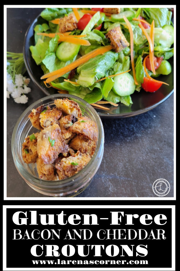 Gluten-Free Bacon Cheddar Croutons Recipe Gluten-Free Bacon Cheddar Croutons Recipe croutons in the left corner in a bowl with a salad behind it with some croutons.