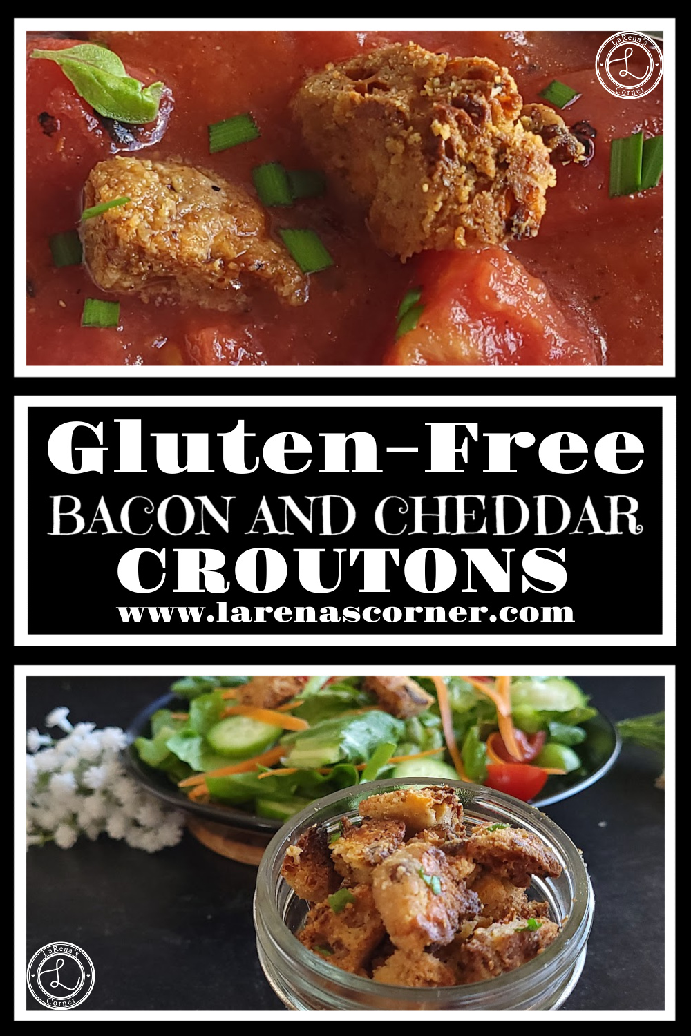 Gluten-Free Bacon Cheddar Croutons Recipe Gluten-Free Bacon Cheddar Croutons. Top: Croutons in tomato soup a close up. Bottom: A salad in the background with a bowl of croutons in the front.