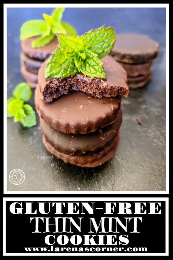 Gluten-Free Thin Mint Cookies Recipe Gluten-Free Thin Mint Cookies. Three stacks with the one in front with a bite out of it and sprigs of mint.