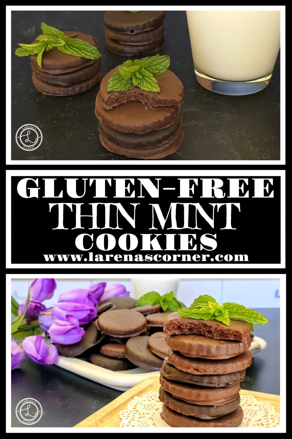 Gluten-Free Thin Mint Cookies Recipe Gluten-Free Thin Mint Cookies. Top: Three stacks of cookies with a glass of milk. Bottom: A stack of cookies with a plate full in the background with flowers and sprigs of mint.